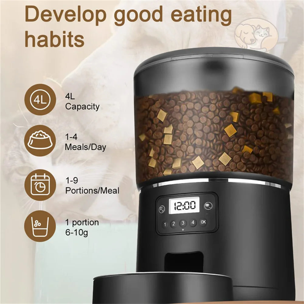 Automatic Cat Feeders, 4L Timed Cat Dry Food Dispenser, Dual Power Supply, Programmable Portion Control, Auto Pet Feeder
