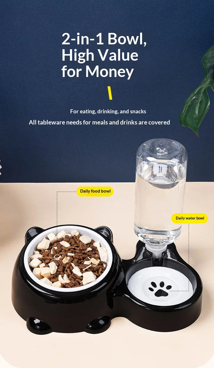 Pet Bowl 2-in-1 Auto Water Feeder, Tilted Elevated Cat Dog Bowl for Food & Water, Anti-Choking Slow Feeder Dish for Pets