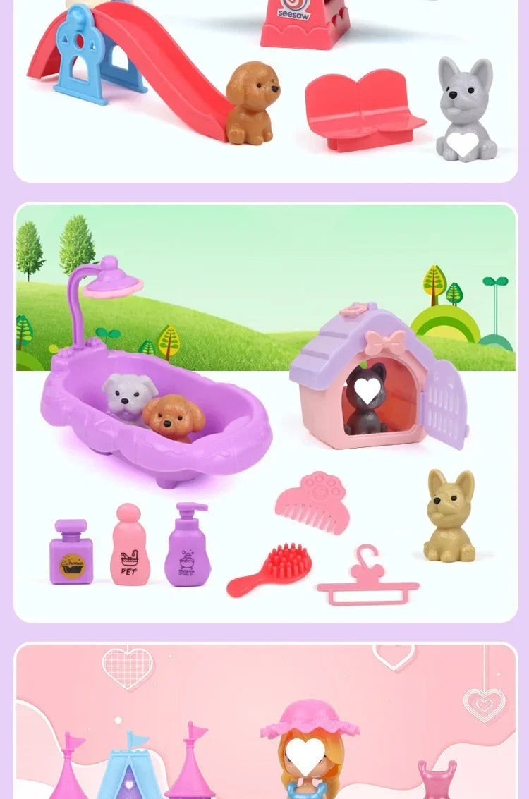 Dog Doll Set Puppy Pretend Play Toys Children Play House Accessories Pet House Scene Games Toys Kids Sensory Dog Pet Basket Toys