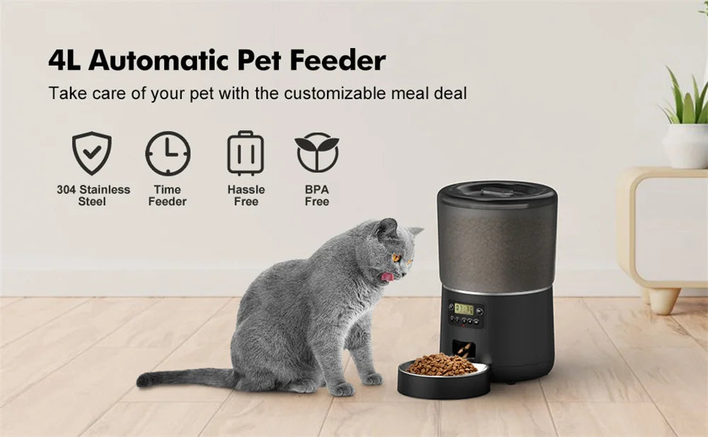 Automatic Cat Feeders, 4L Timed Cat Dry Food Dispenser, Dual Power Supply, Programmable Portion Control, Auto Pet Feeder